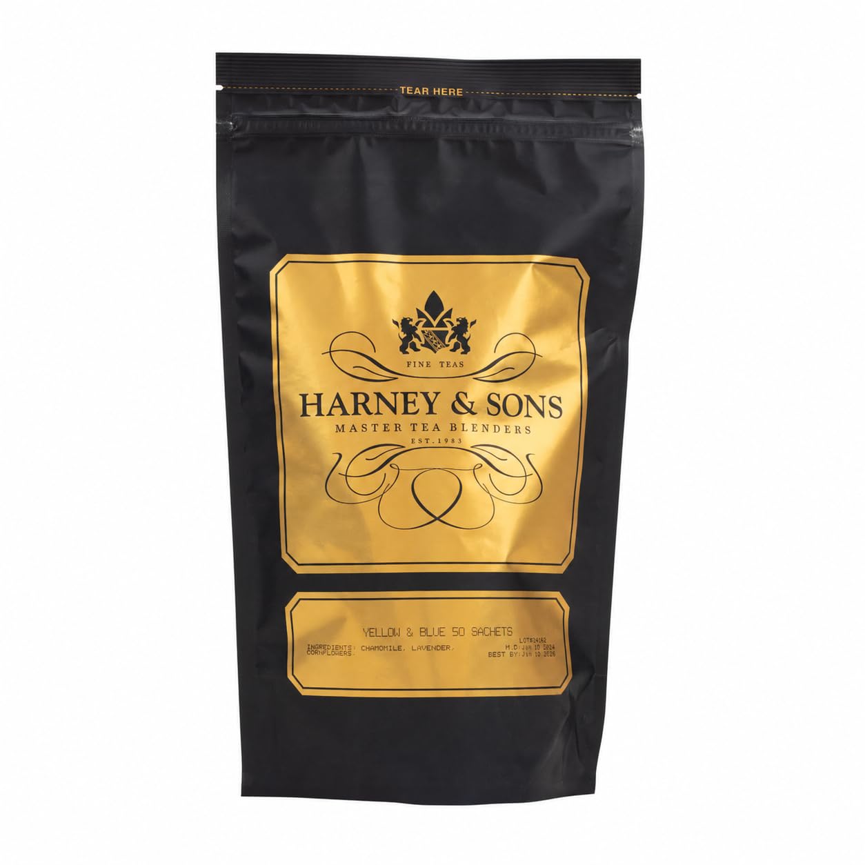 Harney & Sons front packaging showing sachet and calming blend benefits