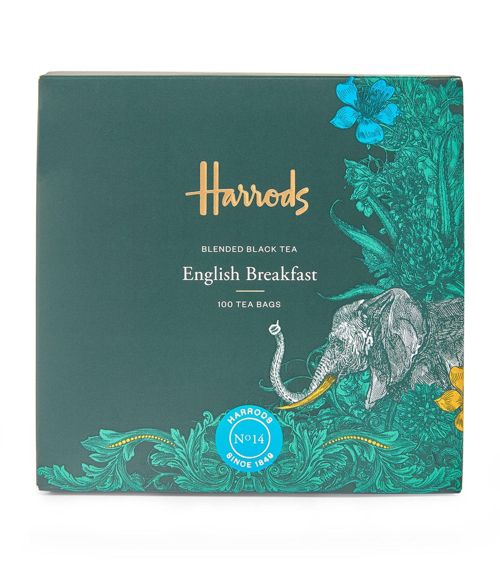 HARRODS front box showing 100 tea bags and classic breakfast blend benefits