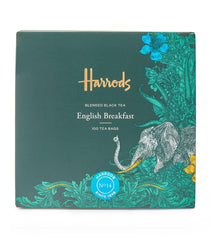 HARRODS front box showing 100 tea bags and classic breakfast blend benefits