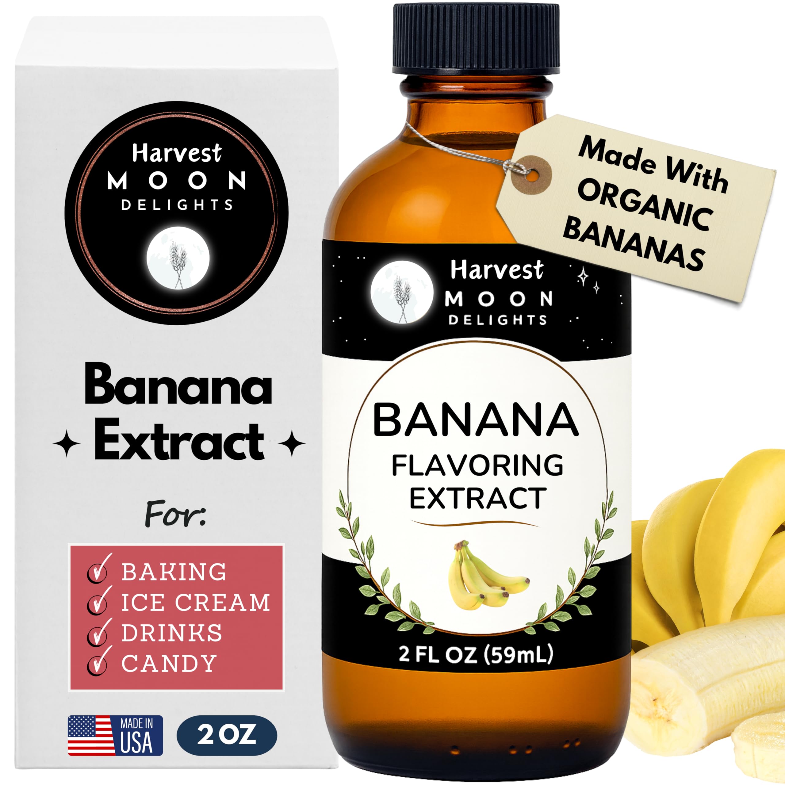 Harvest Moon Delights bottle front showing 2 oz glass bottle and banana flavor benefit