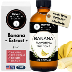 Harvest Moon Delights bottle front showing 2 oz glass bottle and banana flavor benefit