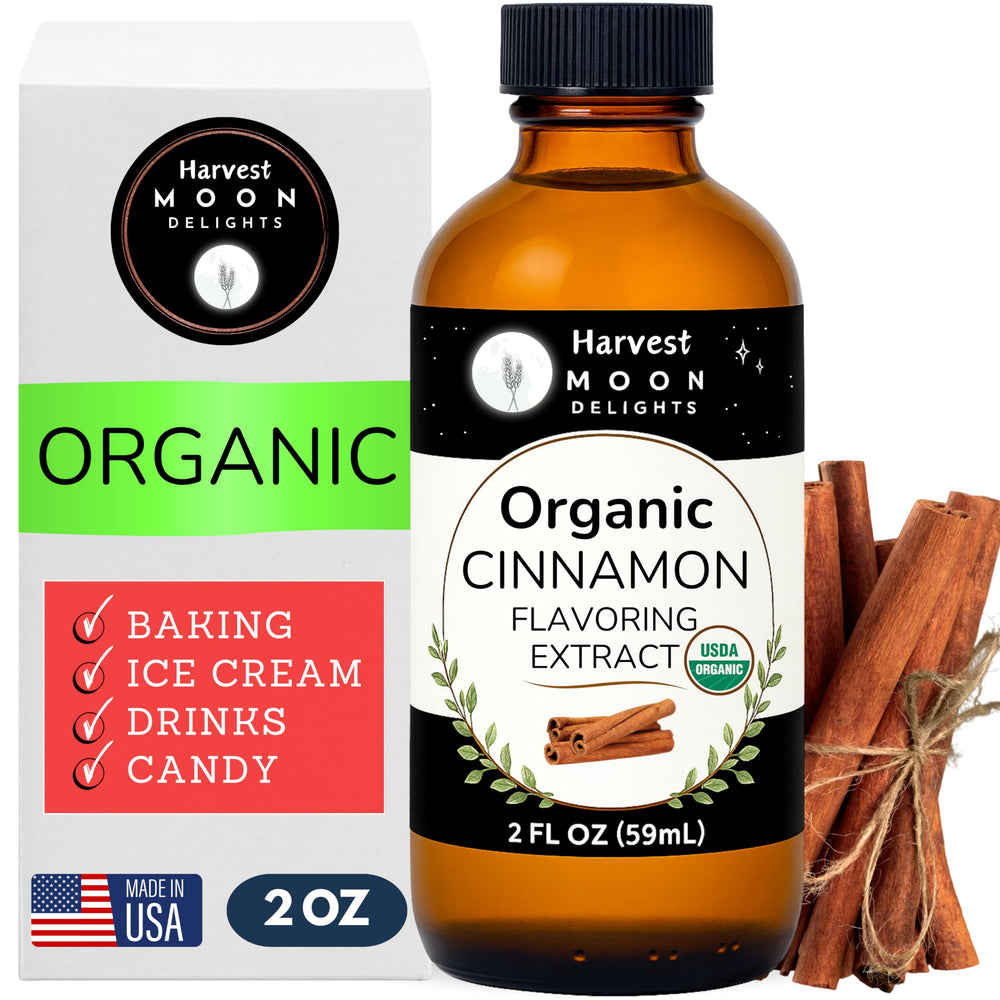 Harvest Moon Delights front bottle shows organic cinnamon extract and clear benefits