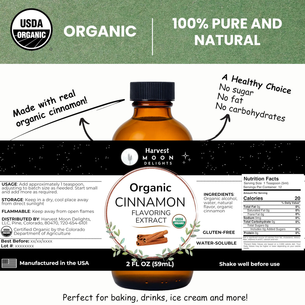 Harvest Moon Delights label closeup highlighting organic ingredients and clarity