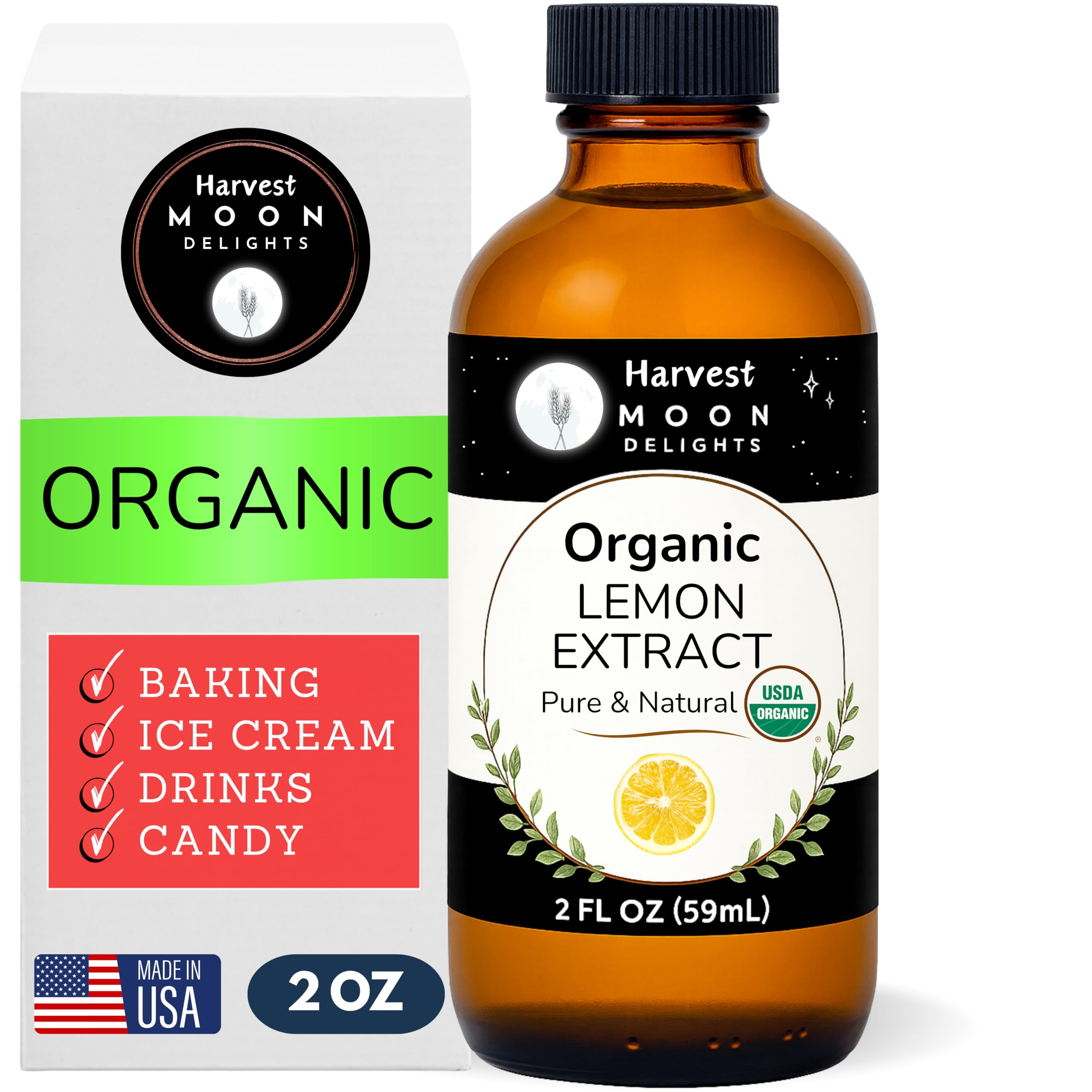 Harvest Moon Delights front bottle view showing organic lemon extract benefits