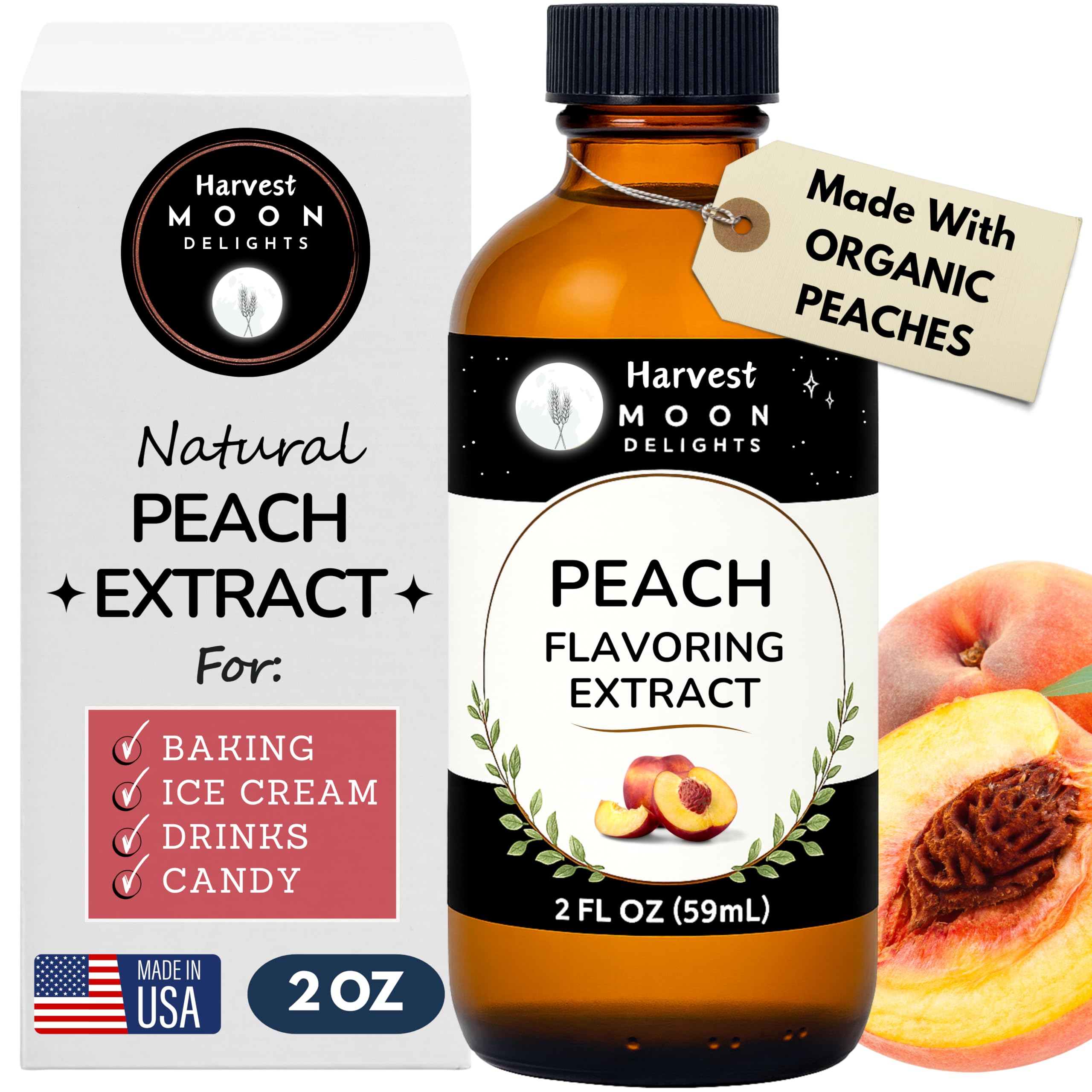 Harvest Moon Delights front bottle view showcasing clear peach extract and label benefits