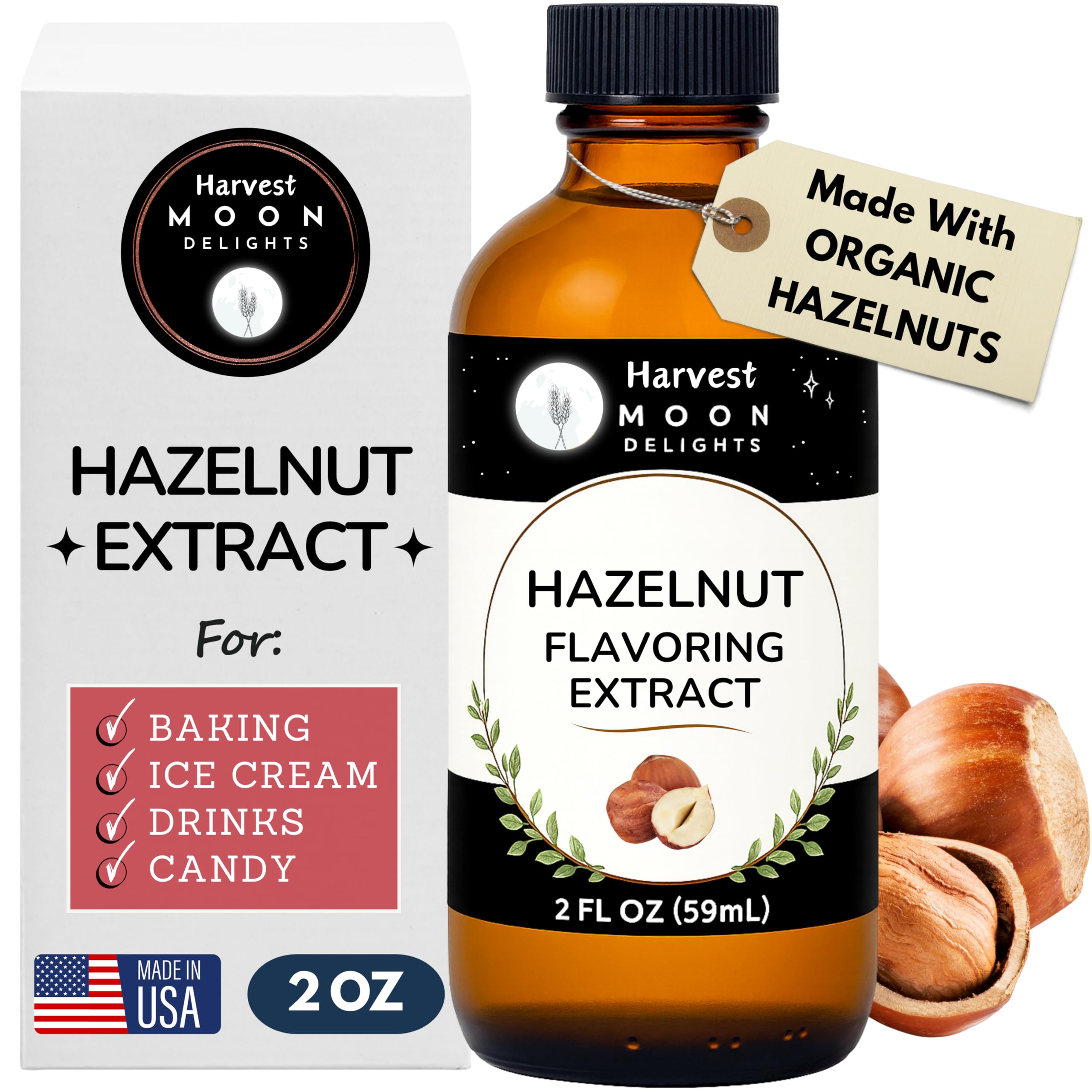 Harvest Moon Delights front label on 2 oz hazelnut extract bottle, clear identity and benefits