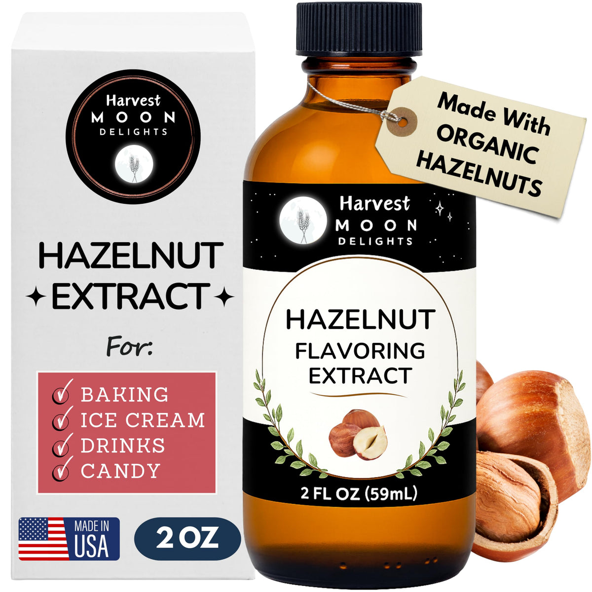 Harvest Moon Delights front label on 2 oz hazelnut extract bottle, clear identity and benefits