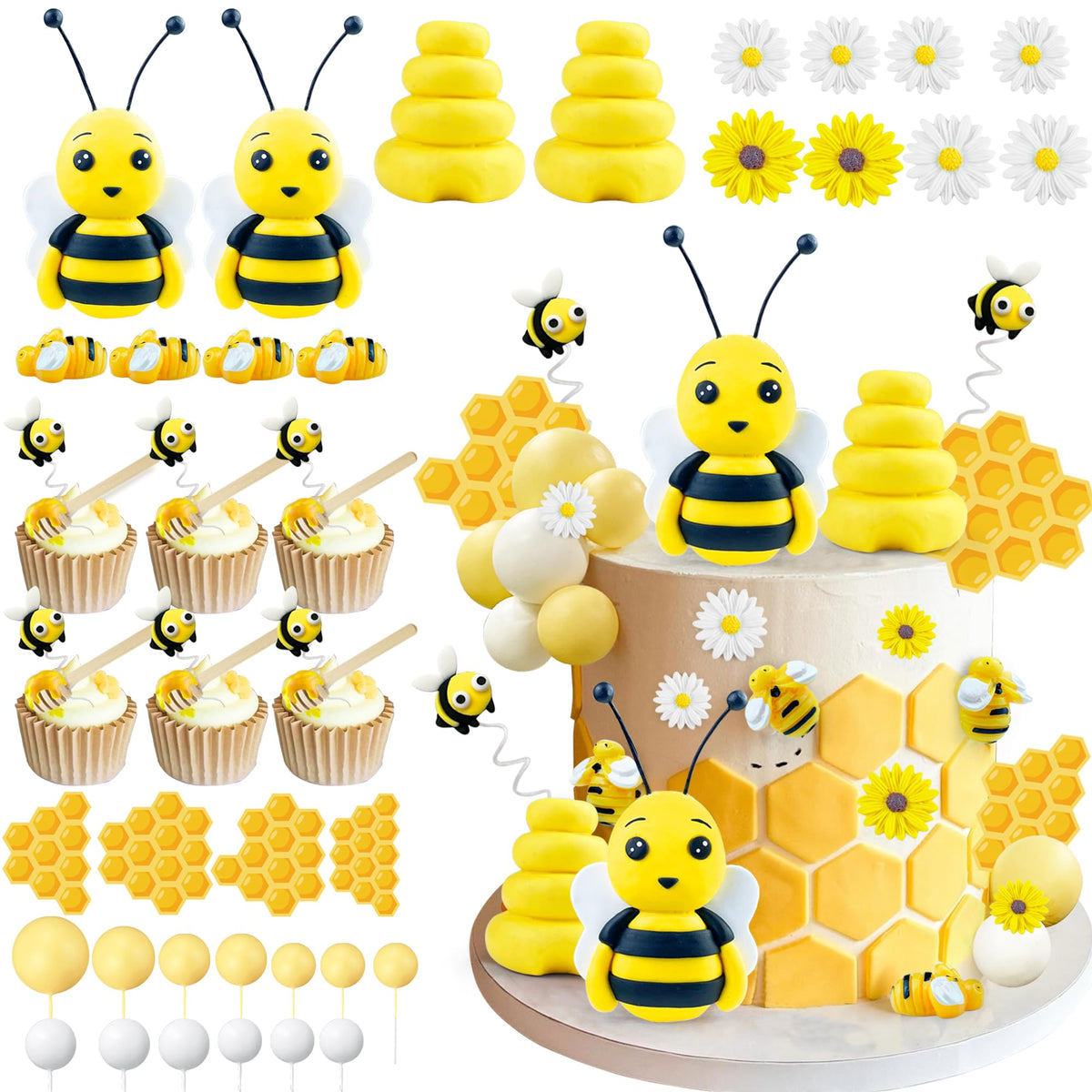 HAVAGDTM front packaging showing full 46-piece bee topper set and easy decorating