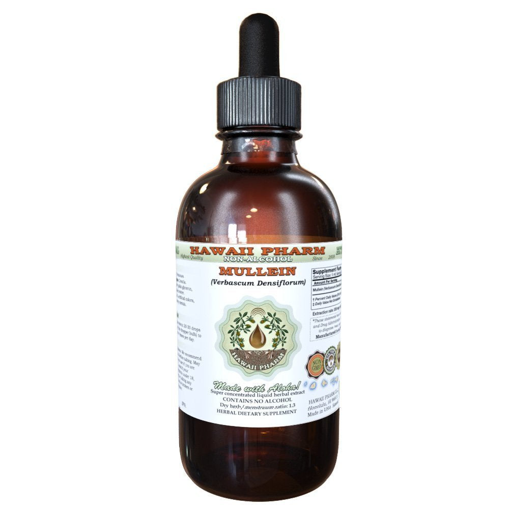 Hawaii Pharm mullein front bottle showing clear label and amber glass for shelf stability