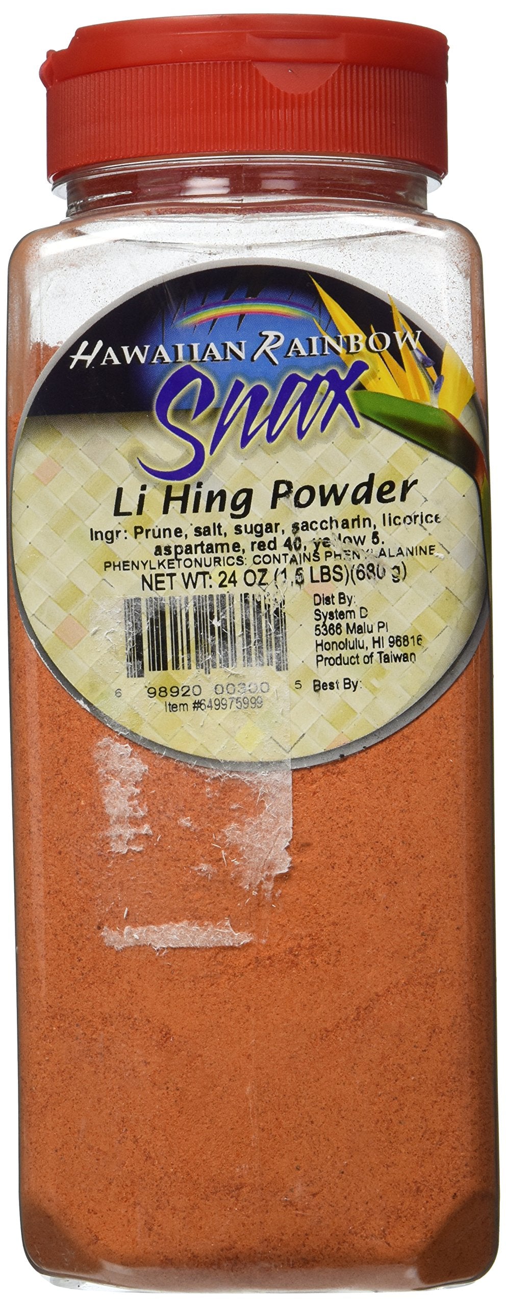 Hawaii Rainbow Snax li hing plum powder jar front view showing shaker lid and label for easy seasoning