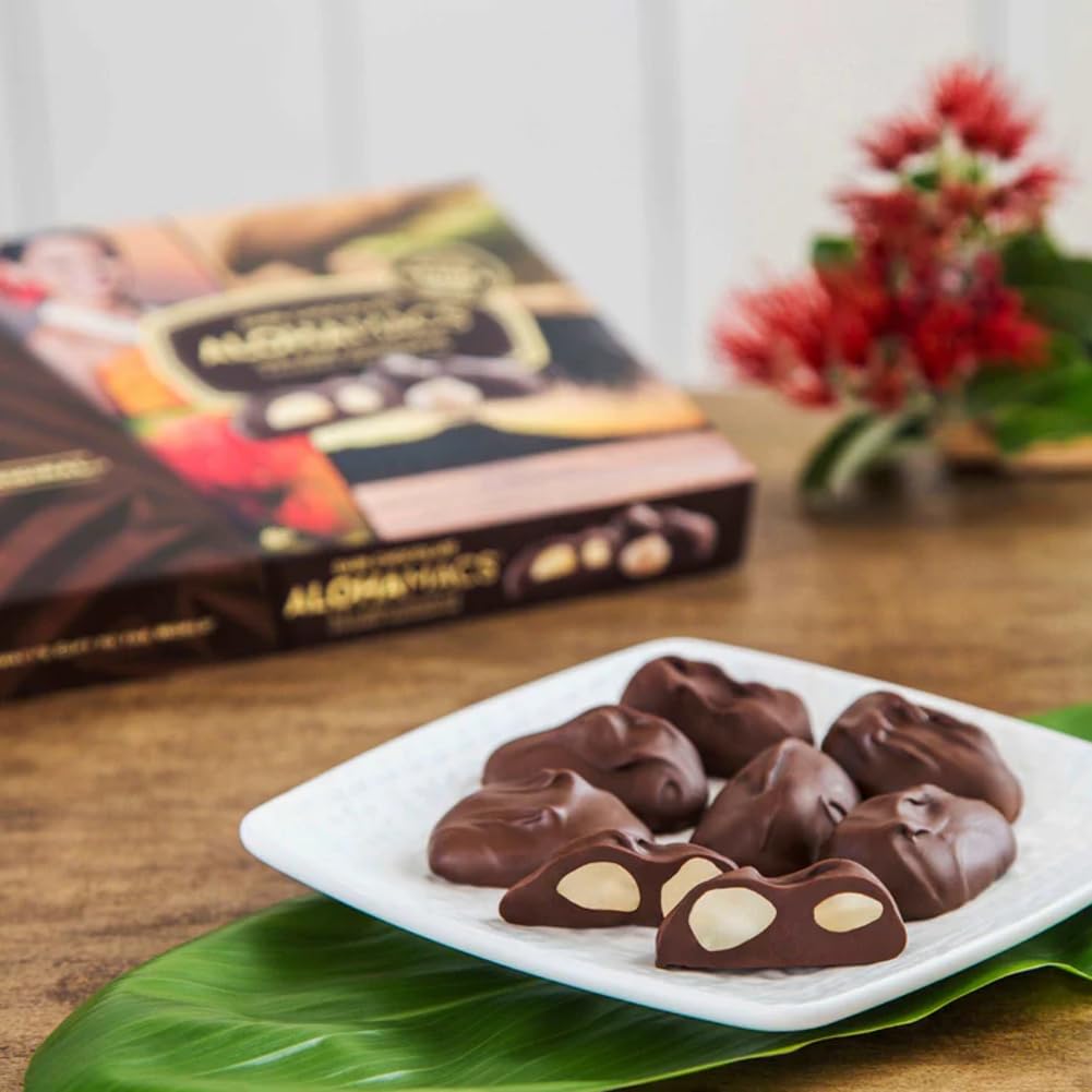 Hawaiian Host close-up of glossy dark chocolate coating highlighting smooth finish
