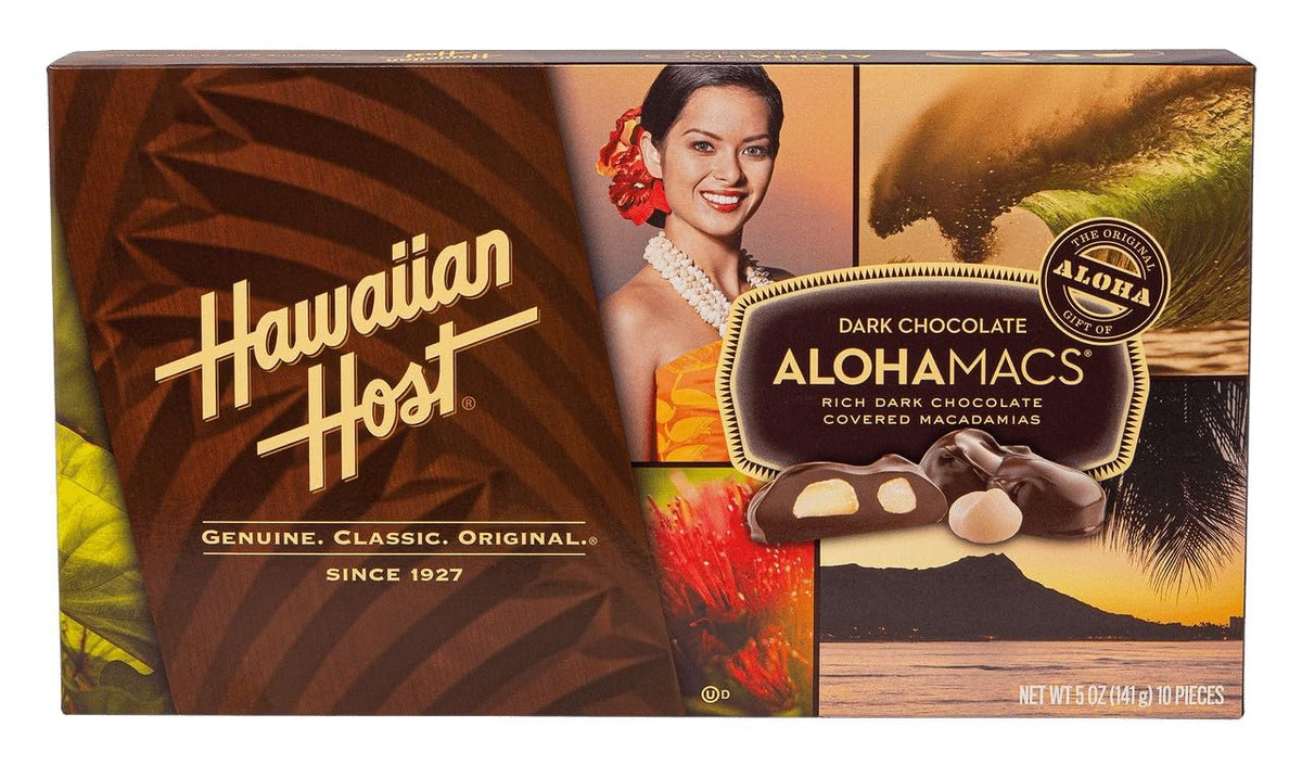 Hawaiian Host front box showing brand and dark chocolate macadamias for gifting