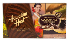 Hawaiian Host front box showing brand and dark chocolate macadamias for gifting