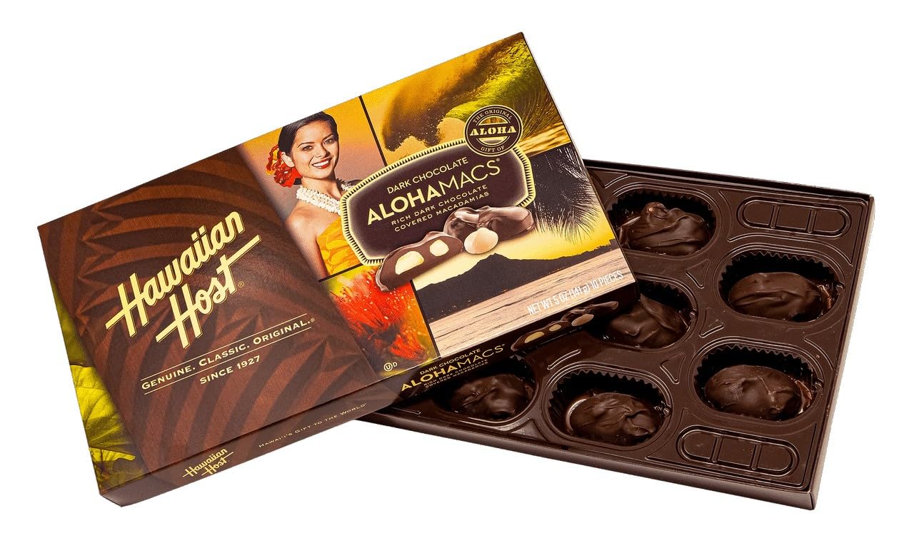 Hawaiian Host open box revealing dark chocolate covered macadamias ready to enjoy
