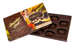 Hawaiian Host open box revealing dark chocolate covered macadamias ready to enjoy