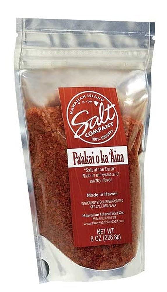 Hawaiian Island Salt Company front pouch showing red Alaea salt, adds authentic island flavor