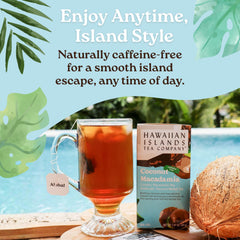 HAWAIIAN ISLANDS TEA COMPANY brewed cup steaming with coconut-macadamia aroma