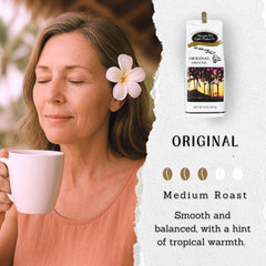 Hawaiian Isles Coffee close-up of roast label highlighting roast and origin benefits
