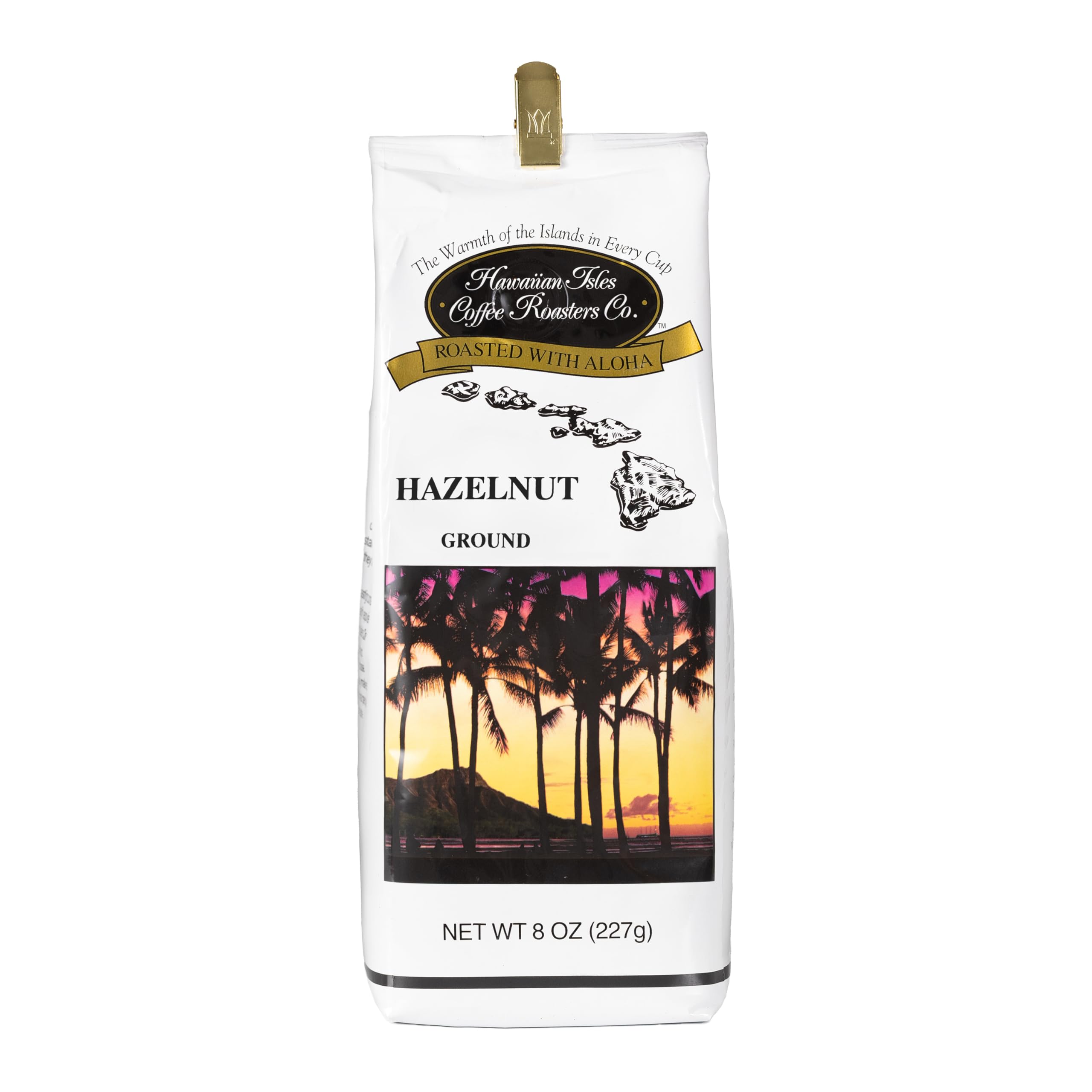 HAWAIIAN ISLES COFFEE ROASTERS CO. front packaging showing 8 oz bag and hazelnut flavor benefit
