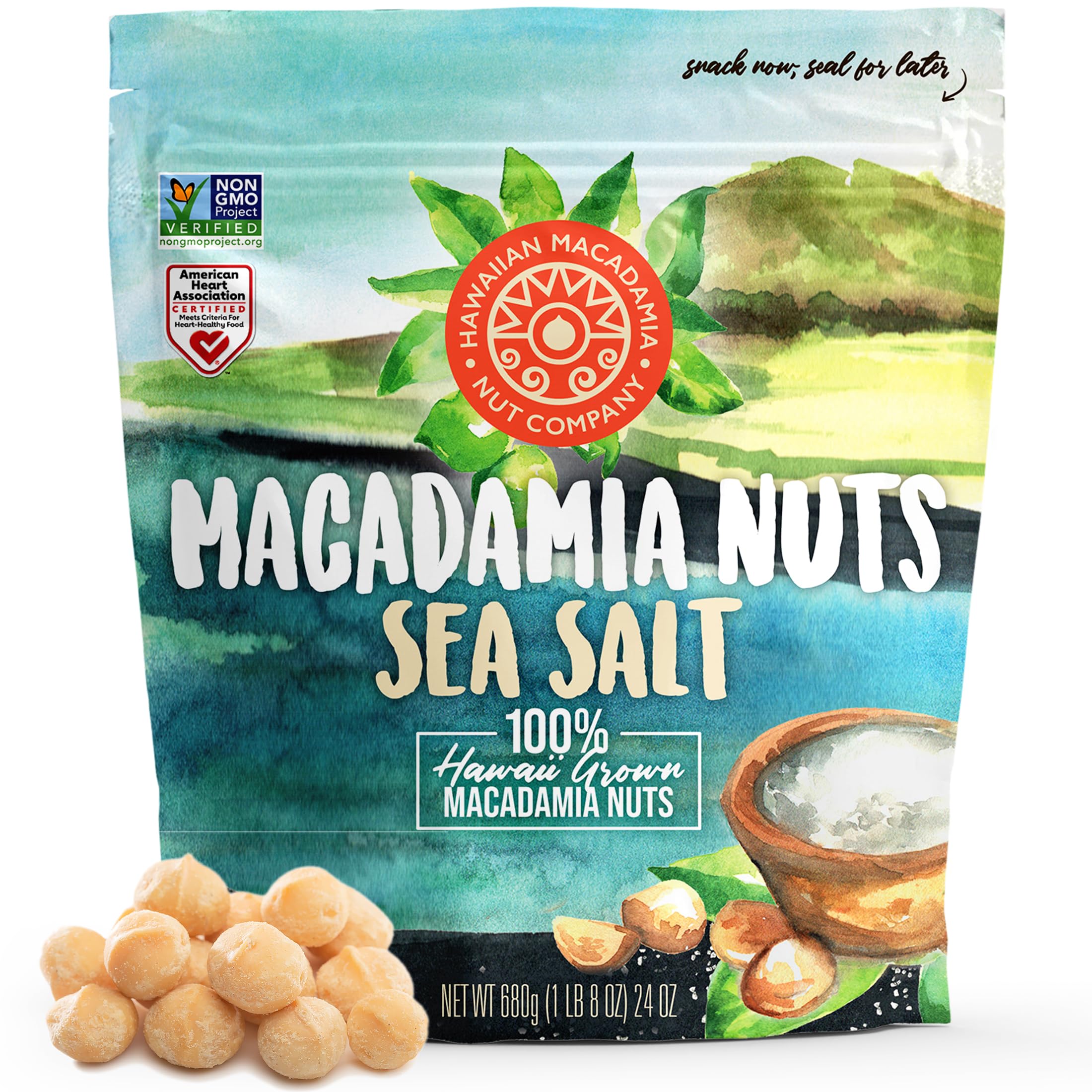 Hawaiian Macadamia Nut Company front pack showing 24 oz bag and branding benefit freshness