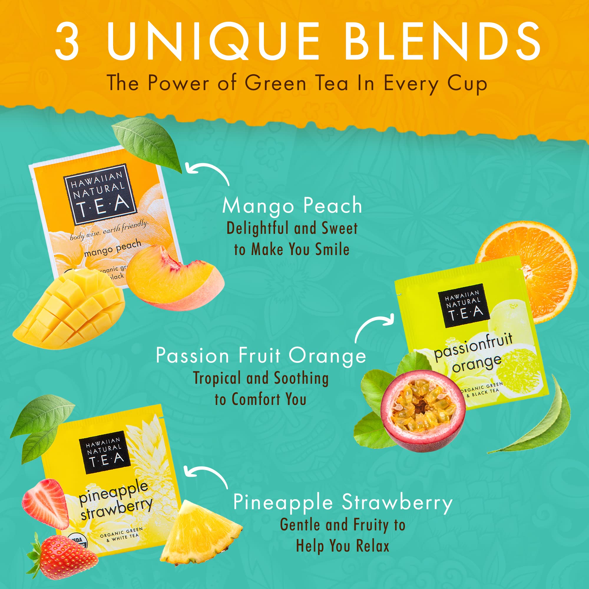 HAWAIIAN NATURAL T·E·A loose leaf and fruit pieces close-up showing natural ingredients