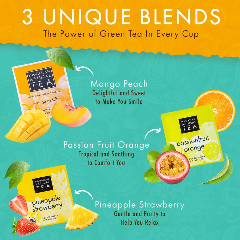HAWAIIAN NATURAL T·E·A loose leaf and fruit pieces close-up showing natural ingredients