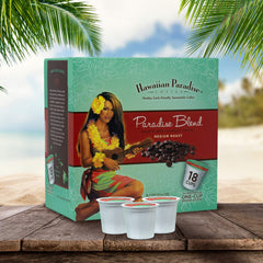 Hawaiian Paradise Coffee brewed cup in kitchen setting showing poured medium roast and quick enjoyment benefit