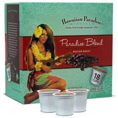 Hawaiian Paradise Coffee front packaging showing 18-count box and island branding benefit convenience