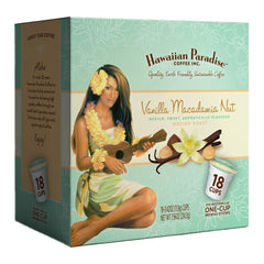 Hawaiian Paradise Coffee front packaging showing 18-count pods and flavor