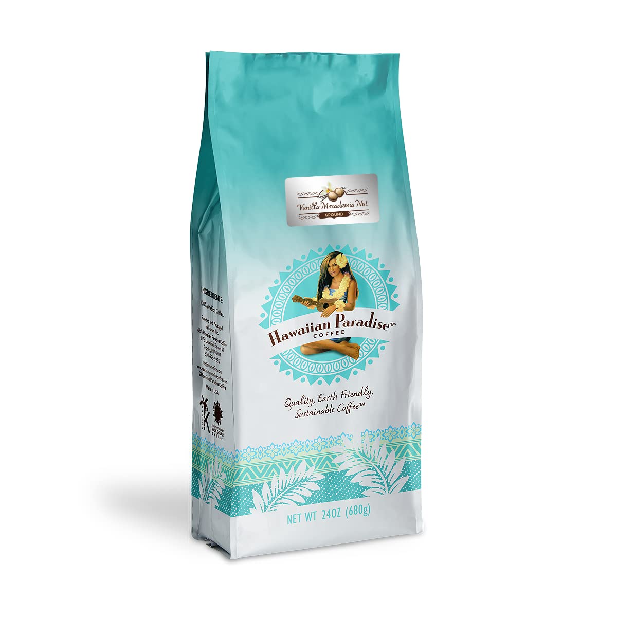 Hawaiian Paradise Coffee front packaging showing 24oz bag and flavor