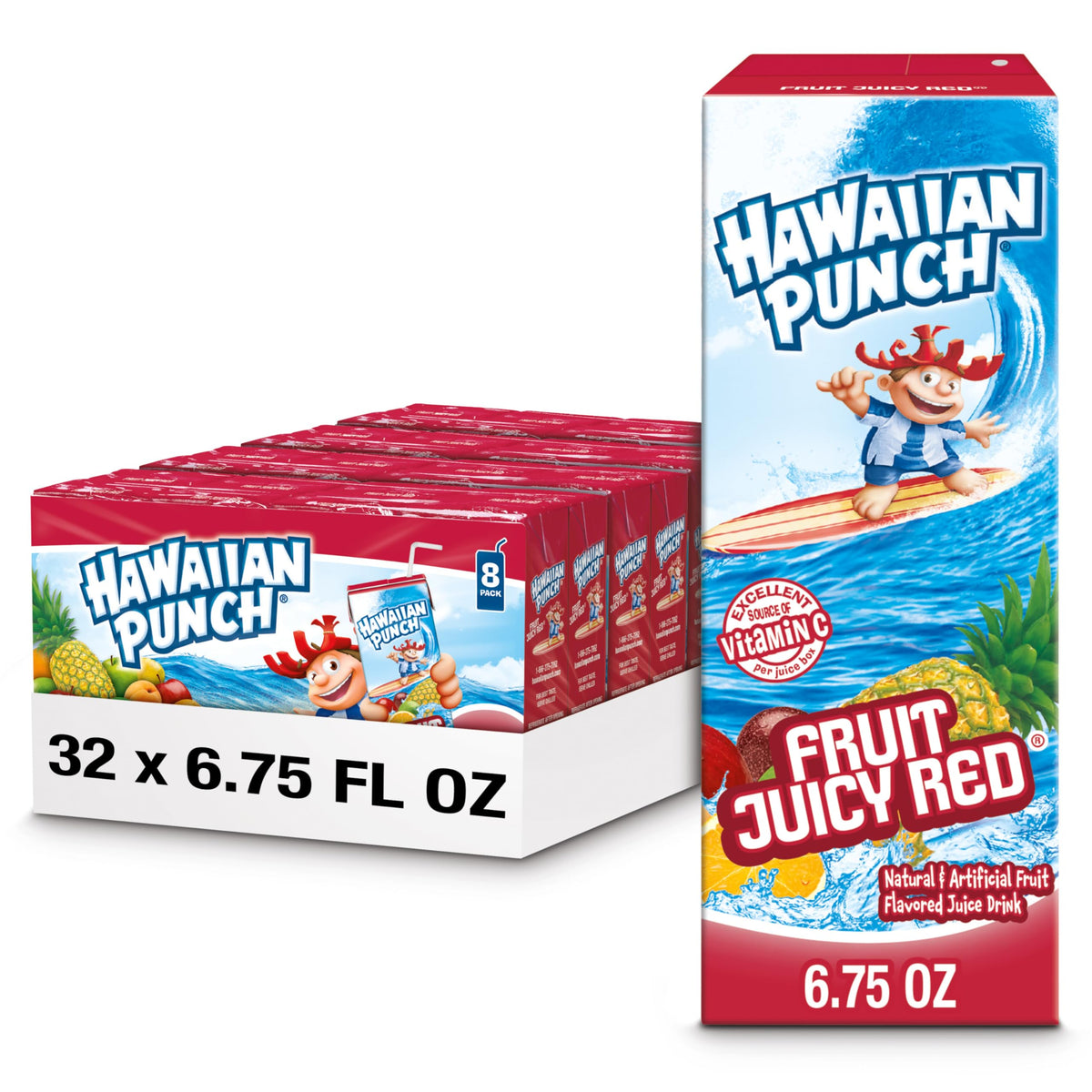 HAWAIIAN PUNCH front box showing Fruit Juicy Red and vibrant tropical branding for quick recognition
