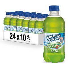 HAWAIIAN PUNCH front packaging of Green Berry Rush shows bright bottles and brand benefit