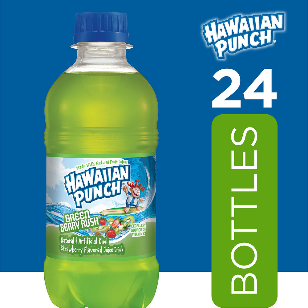HAWAIIAN PUNCH label detail on Green Berry Rush emphasizing flavor information and clarity