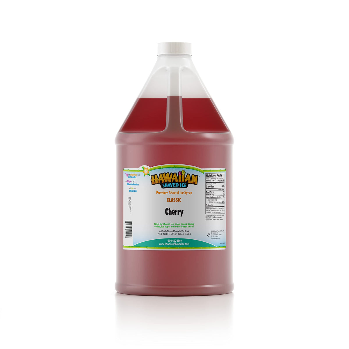 Hawaiian Shaved Ice cherry front packaging shows gallon bottle and brand benefit