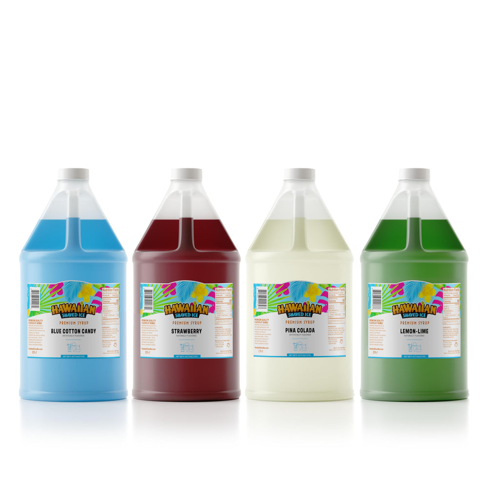 Hawaiian Shaved Ice front packaging showing four gallon bottles for large events