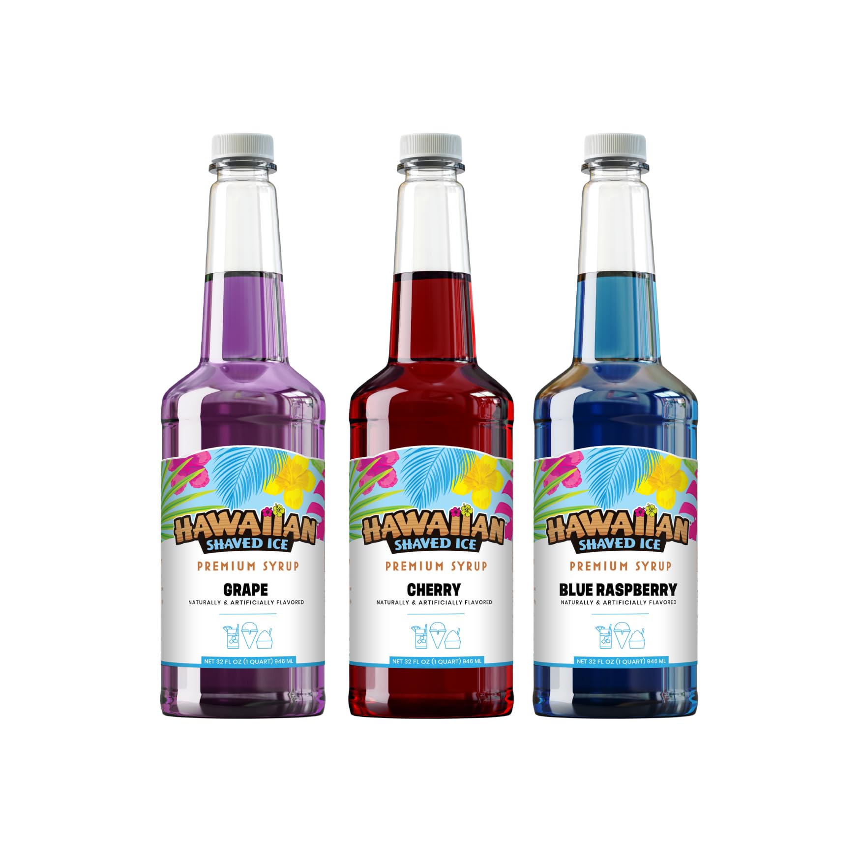 Hawaiian Shaved Ice front packaging showing three quart bottles and labels providing convenience