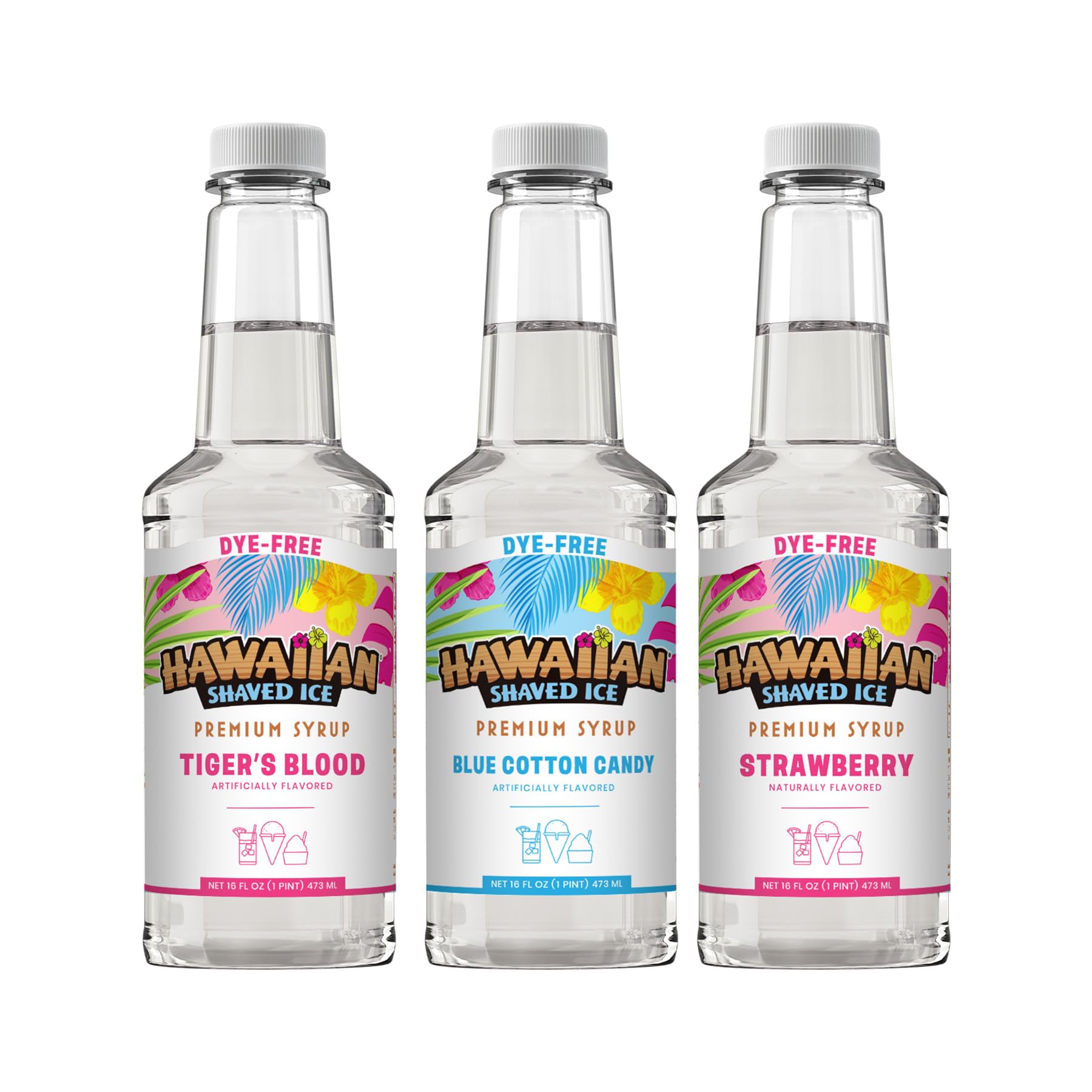 Hawaiian Shaved Ice front packaging showing three dye-free syrup bottles and flavors, appealing presentation