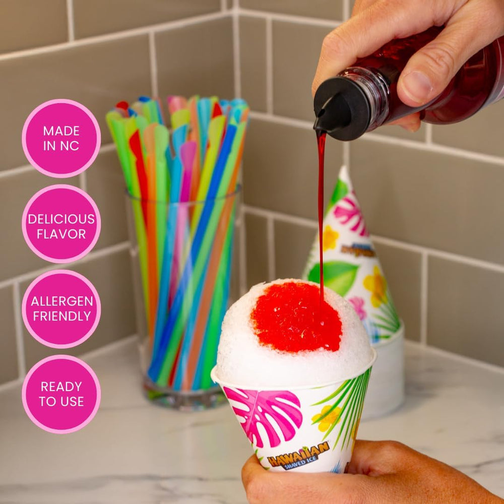 Hawaiian Shaved Ice individual bottles layout displaying all six flavor options