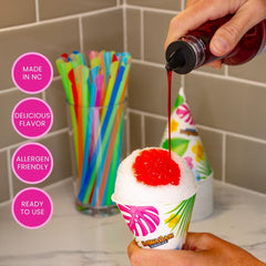 Hawaiian Shaved Ice individual bottles layout displaying all six flavor options