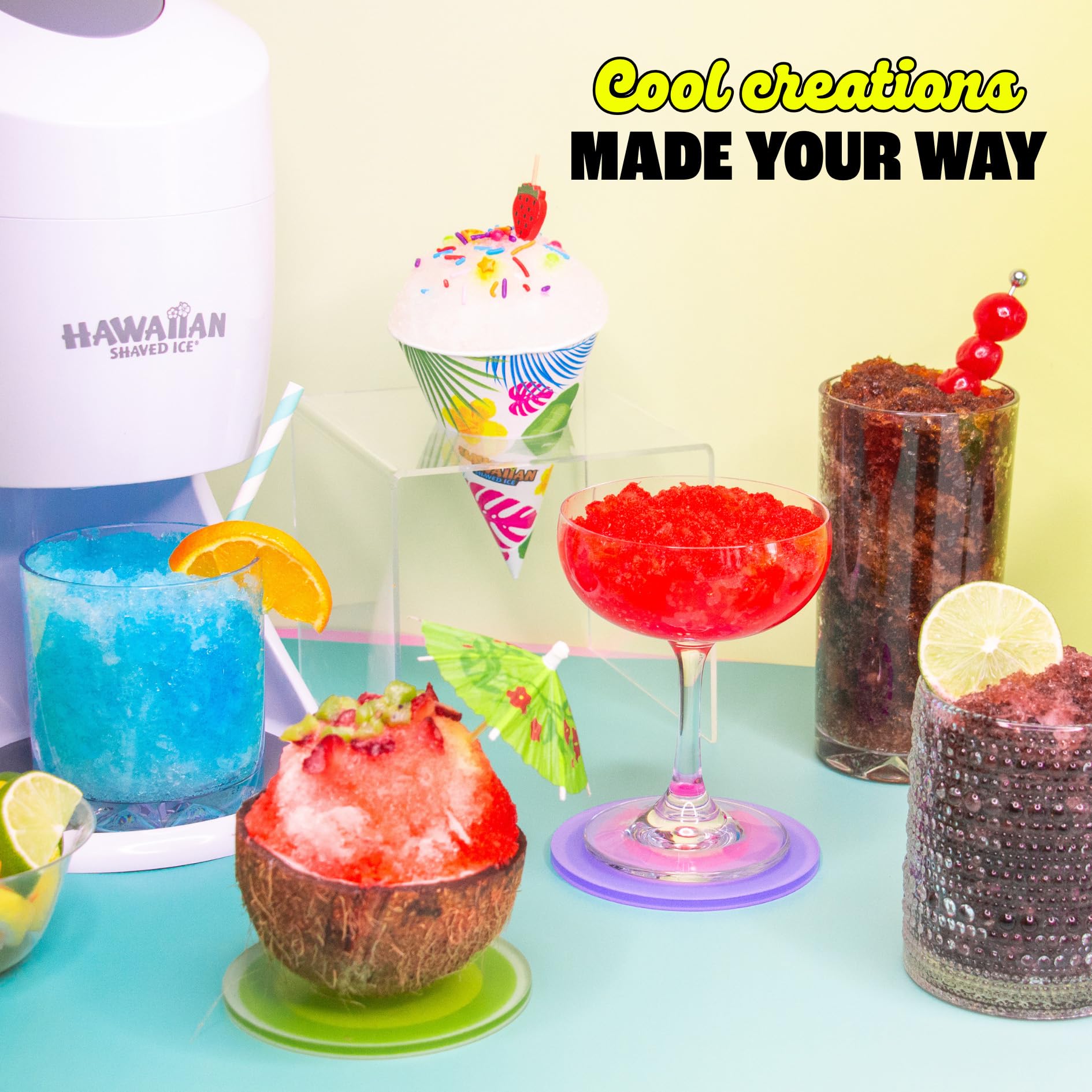 Hawaiian Shaved Ice syrup being poured over a snow cone for vibrant flavor
