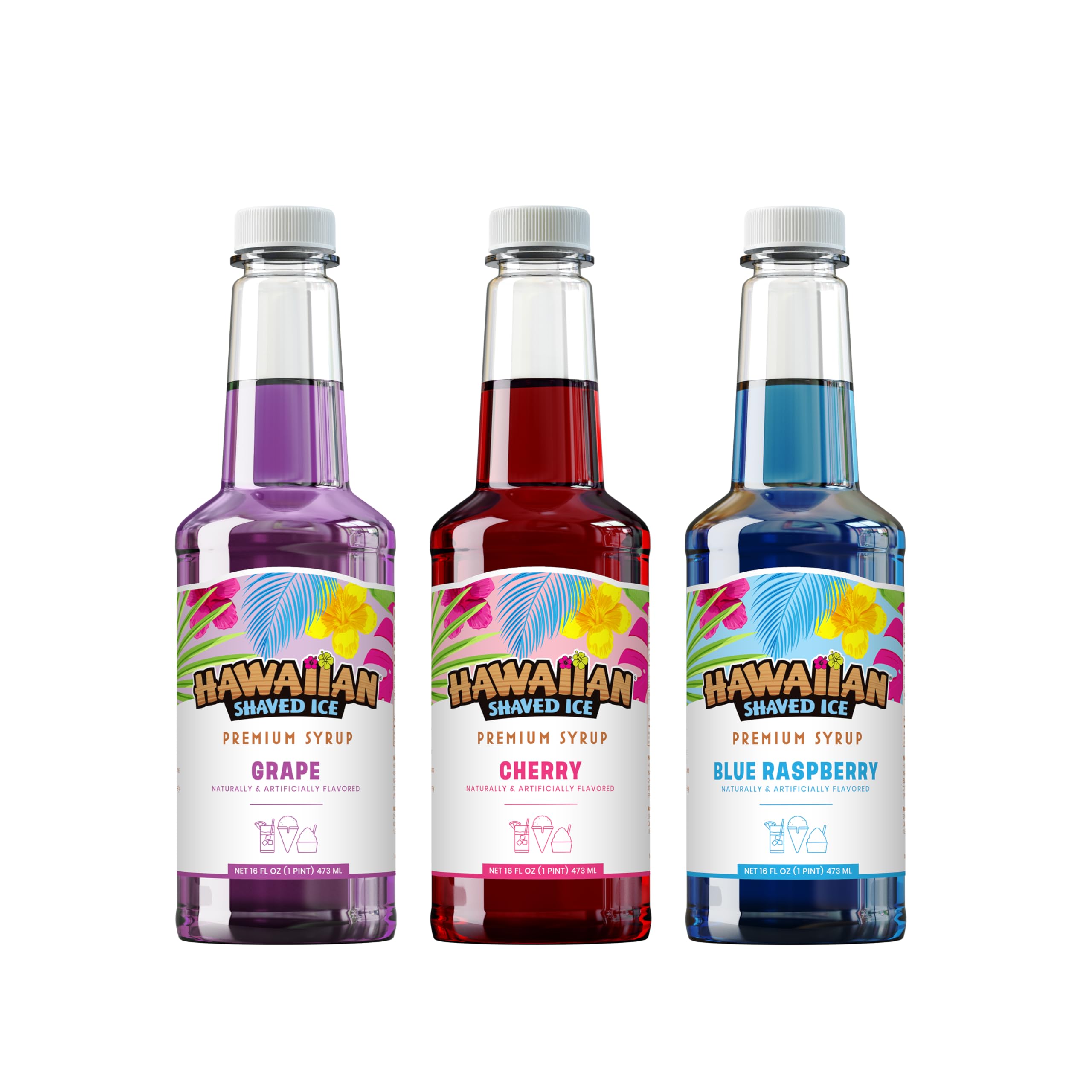 Hawaiian Shaved Ice three 16oz bottles front view showing flavors and value