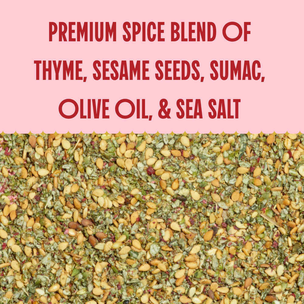 Hayati open tin top-down showing fresh zaatar blend and aroma benefit