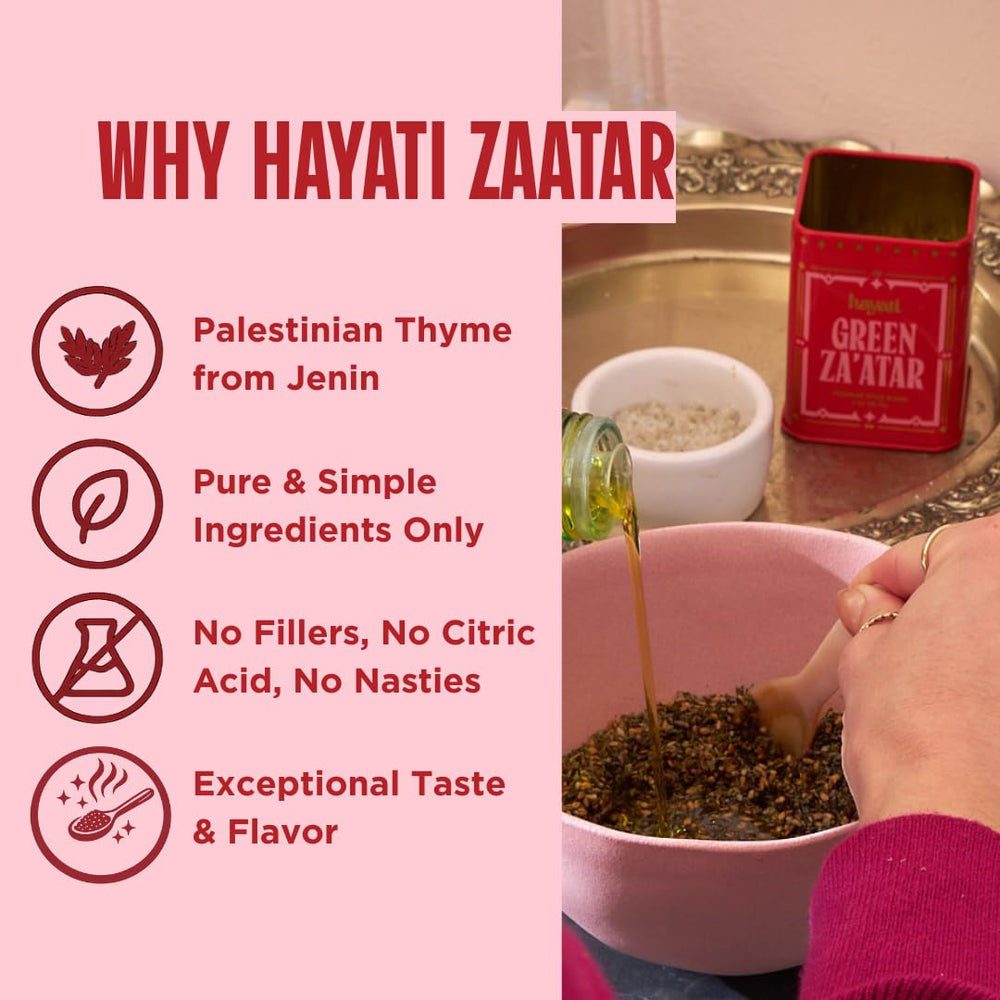 Hayati zaatar spread on warm bread showing dipping use and flavor benefit