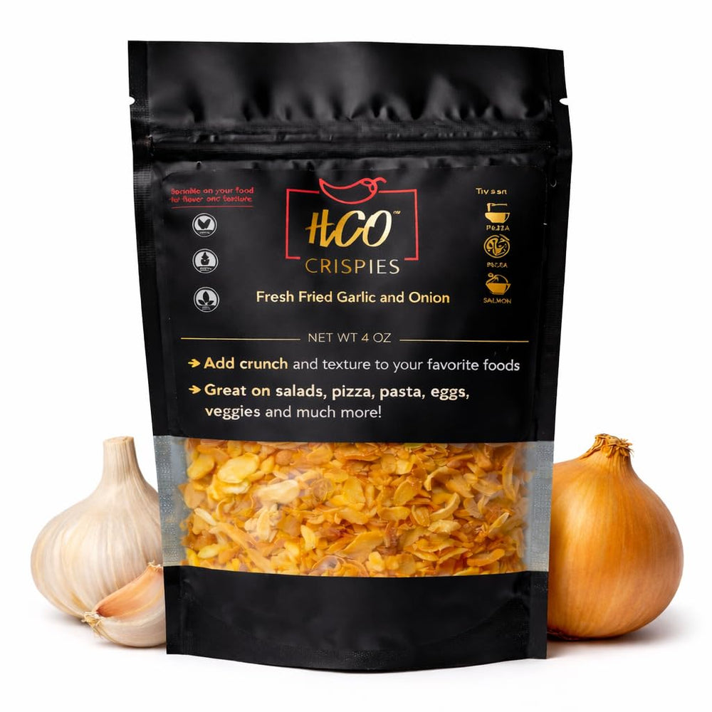Hot Crispy Oil front label showing crispies jar and branding benefit: clear product identity
