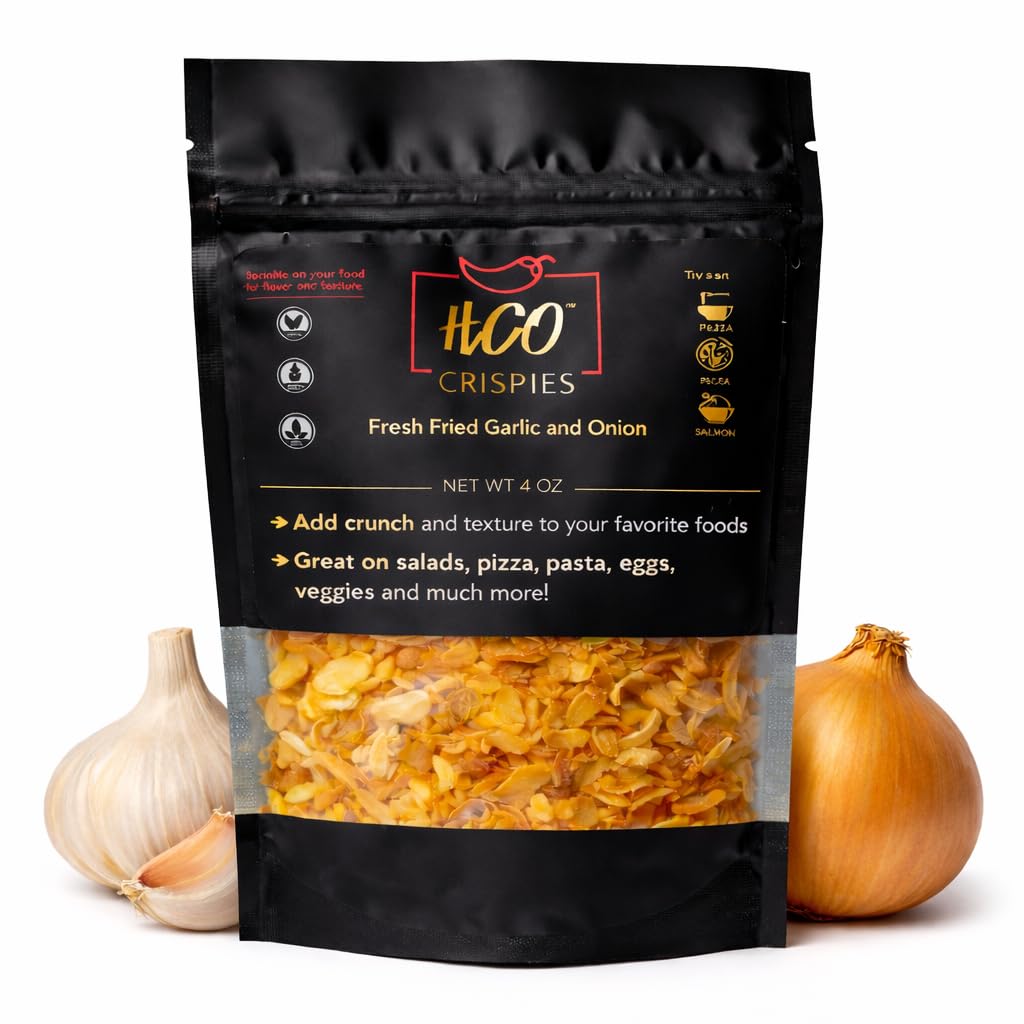Hot Crispy Oil front label showing crispies jar and branding benefit: clear product identity