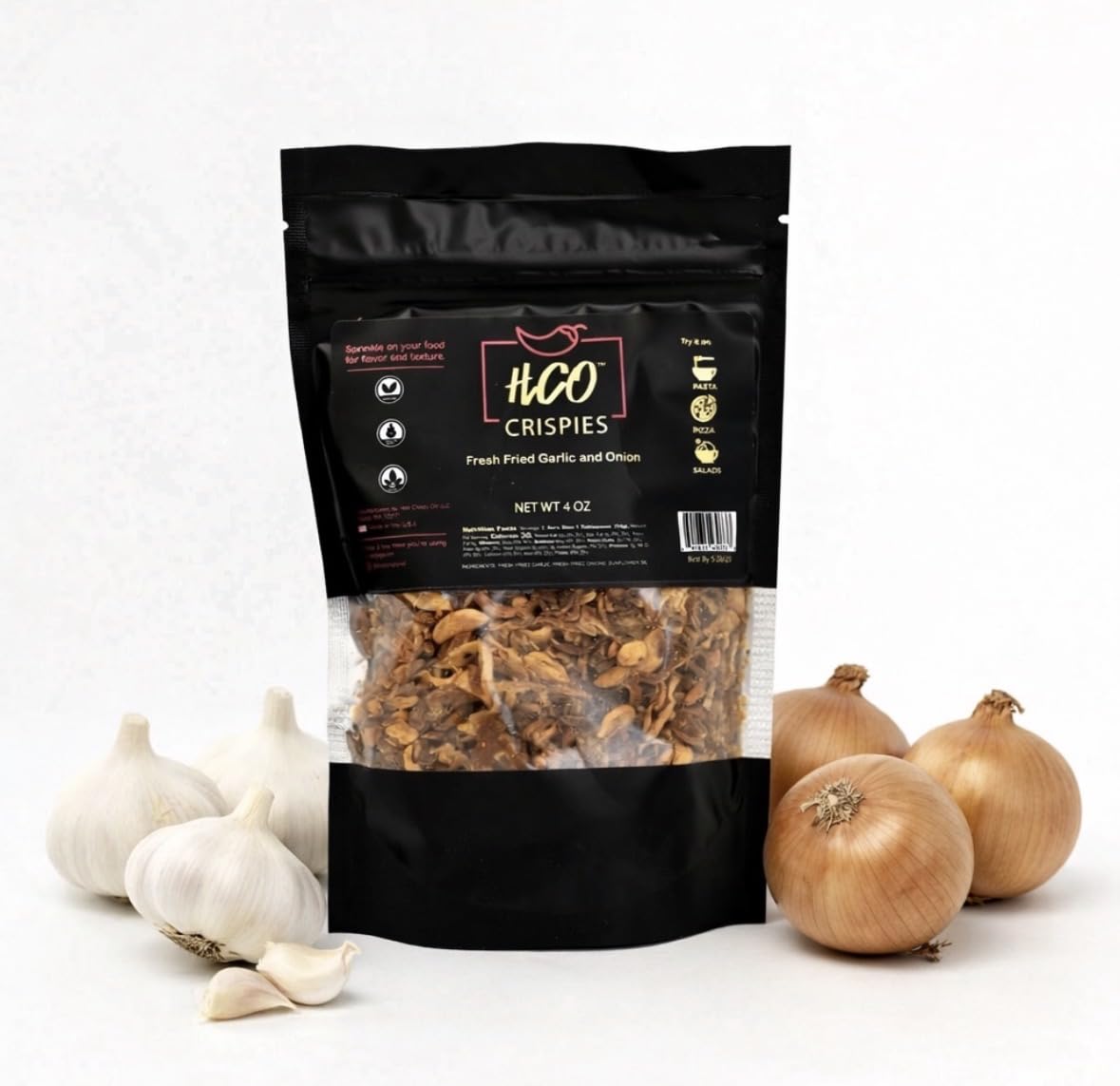 Hot Crispy Oil flatlay of ingredients and crispies displaying natural, preservative-free benefit