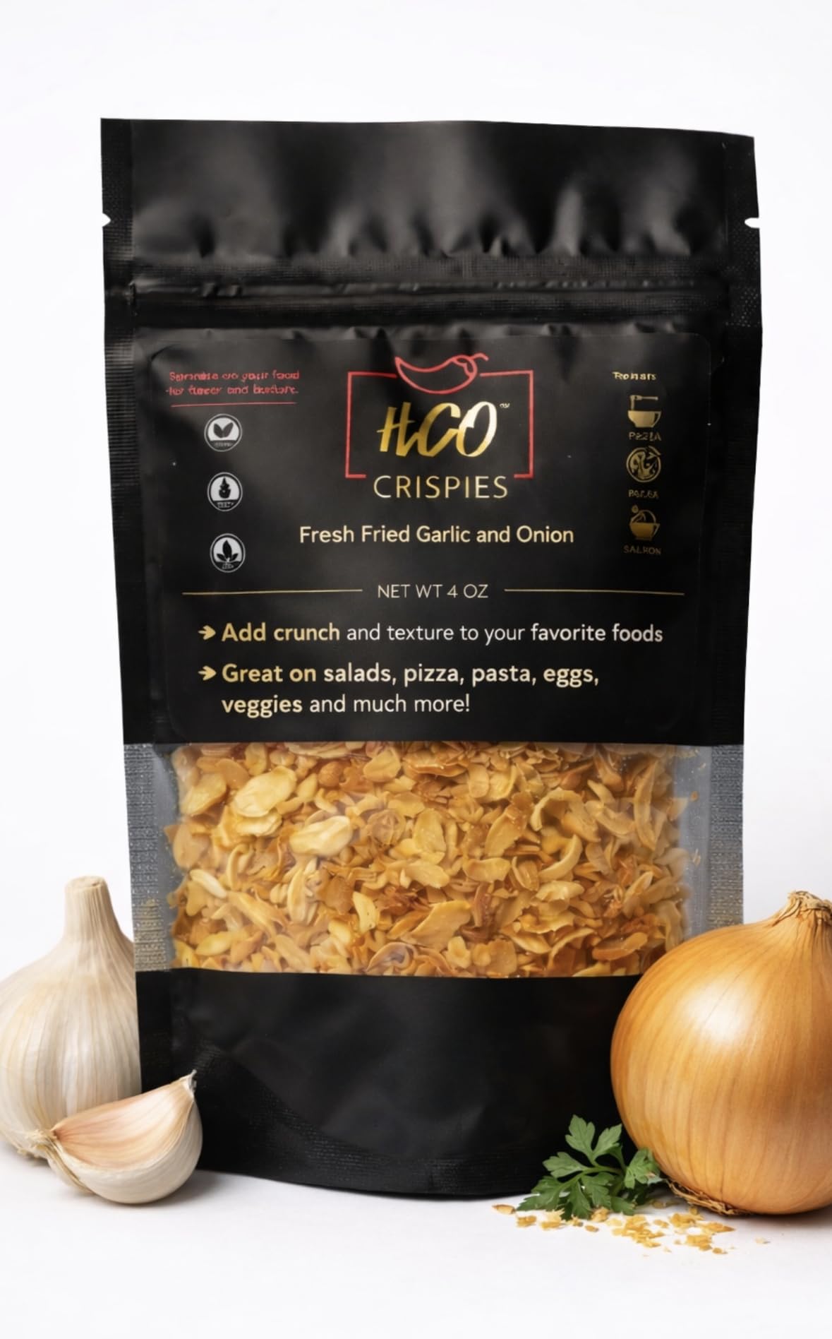 Hot Crispy Oil jar next to box packaging illustrating artisan small-batch quality benefit