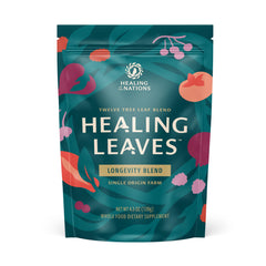 Healing Leaves front packaging showing blend name and serving count for clear choice