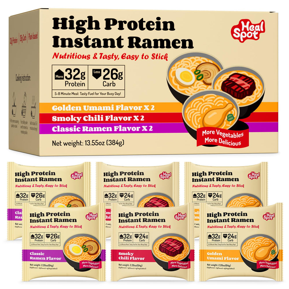 HealSpot front packaging showing 6-pack variety and high-protein benefit