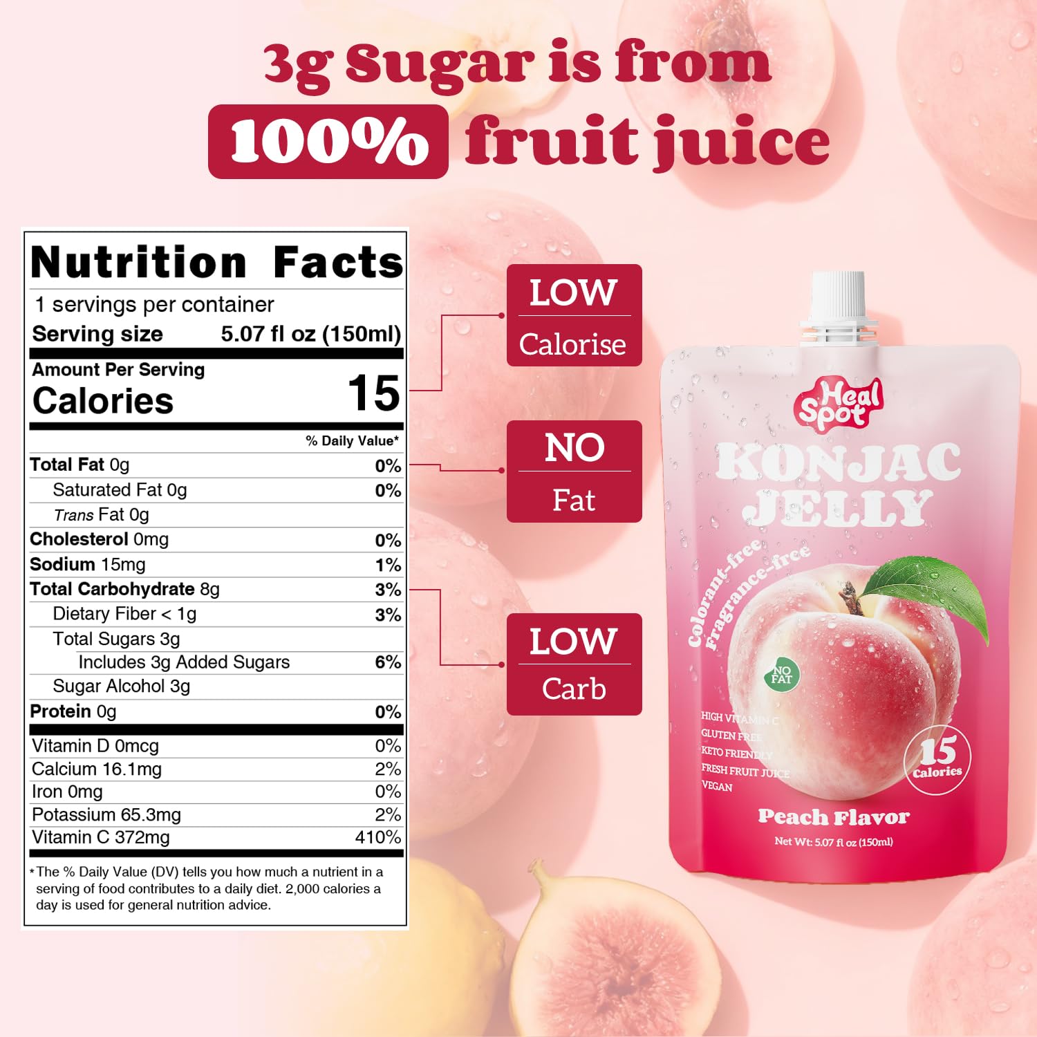 Healspot open pouch revealing soft peach konjac jelly texture and easy eat